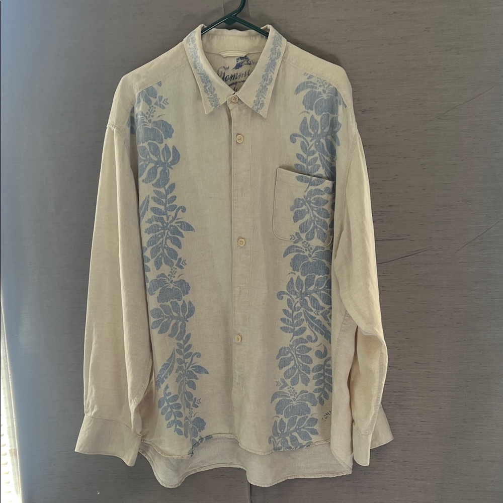 Tommy Bahama Men Cream and Blue Relax Fit Linen Floral Button Down Shirt XXL